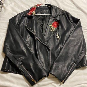 Black Faux Leather Jacket with Embroidered Flowers